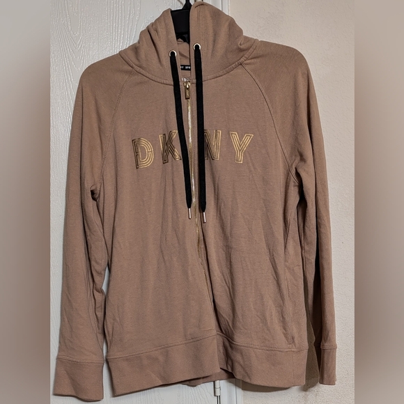 DKNY Sport Women's Gold Logo Drawstring Zip Front Hoodie Sweatshirt Size M - Picture 1 of 5